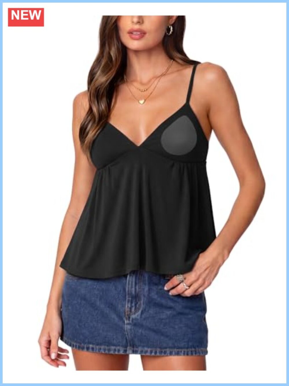 V Neck Babydoll Tank with Built in Bra Cute Peplum Cami